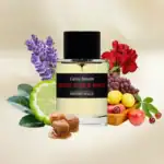 Carlos Benaim Music for a While fragrance bottle with fresh fruits and herbs background.
