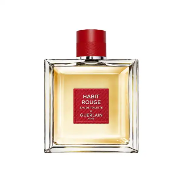 Guerlain Habit Rouge fragrance bottle with red cap, elegant and luxurious design.