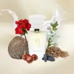 Madelene skincare bottle with natural ingredients including flowers, nuts, and herbs.