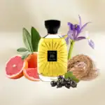 Aube Rubis Des Ors fragrance bottle with grapefruit, purple flower, and botanical accents.