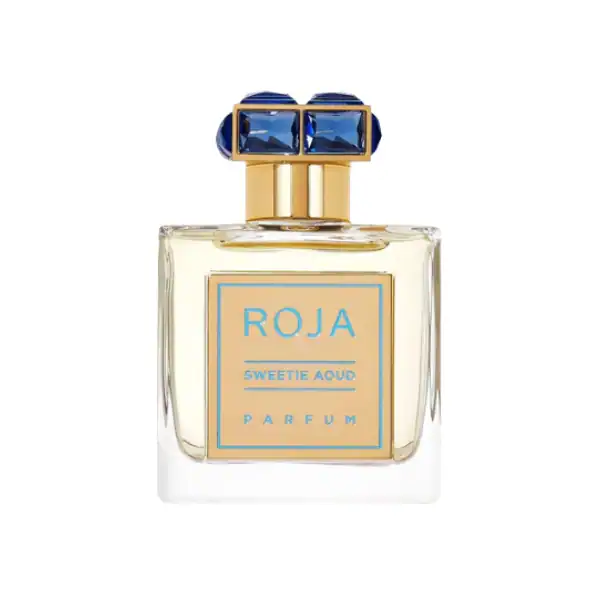 Roja Parfums Sweetie Aoud fragrance bottle with elegant blue and gold accents.