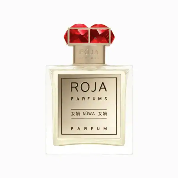 Roja Parfums Nuwa fragrance bottle with red gemstone cap.