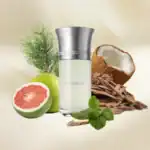 TUMULTU fragrance bottle with coconut, grapefruit, and mint elements.