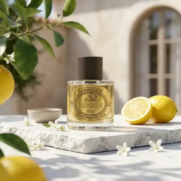 Nishane Safran Colognise Extrait de Cologne fragrance bottle on marble with lemons and greenery.