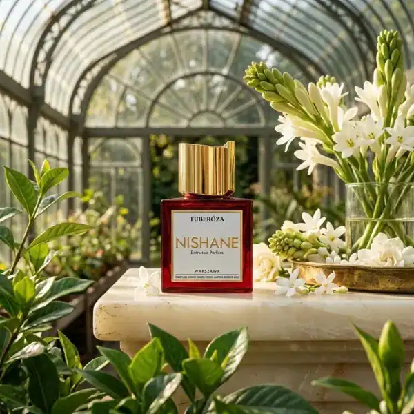 Nishane Tuberóza Extrait de Parfum - Luxury fragrance in a red bottle with gold cap.