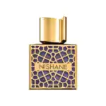 Nishane fragrance bottle with geometric design and gold cap.