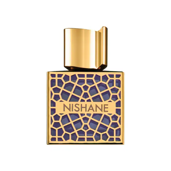 Nishane fragrance bottle with geometric design and gold cap.