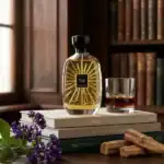 Atylic Rouge perfume bottle with gold accents and a glass of dark beverage on a stack of books.