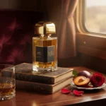 Anise Saffron fragrance bottle with gold cap on vintage books.