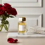 Bdk Parfums Oud Abramad fragrance bottle with a gold cap, displayed on a marble surface with roses a.