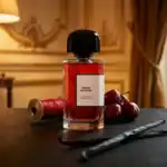 Rooge Smoking fragrance bottle with cherries and a sewing needle in an elegant room setting.