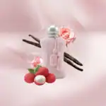 Furla Miss Mod perfume bottle with pink roses and lychee fruits.
