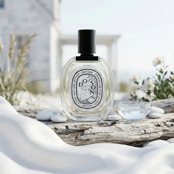 DIPTYQUE Do Son fragrance bottle with black cap on driftwood.