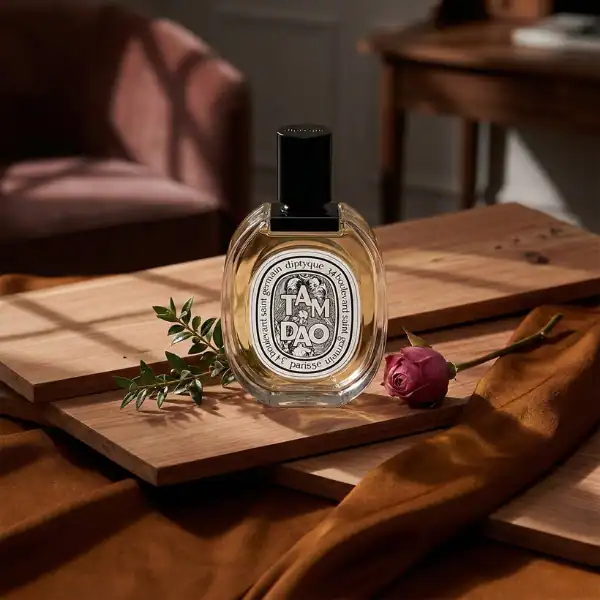 TAMDAO perfume bottle with label and black cap on wooden surface.