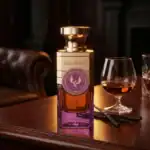 Electimuss luxury perfume bottle with purple and gold accents.