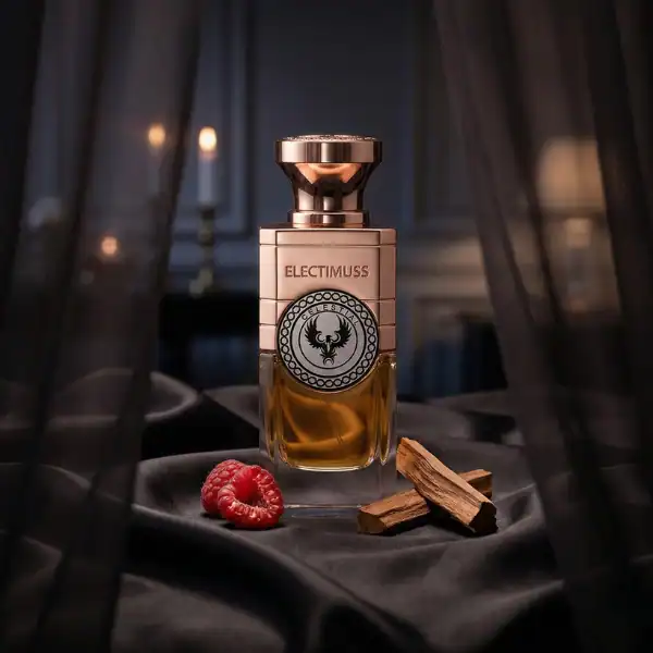 Electimuss perfume bottle with elegant design and warm amber hue, perfect for niche fragrance enthus.
