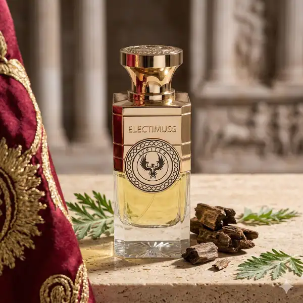 Electimuss fragrance bottle with elegant gold cap and intricate label design.