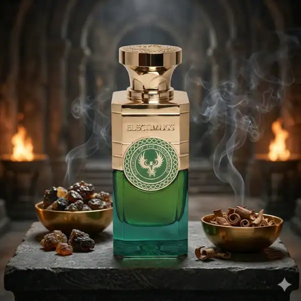 Electimus fragrance bottle with gold cap and green glass, surrounded by spices and incense.