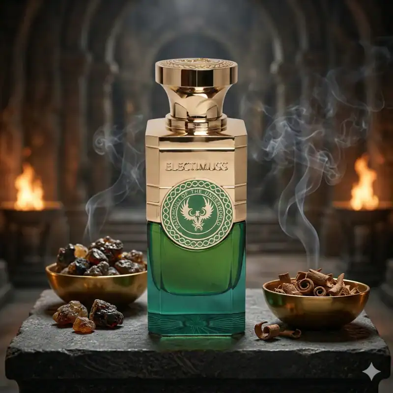Electimus fragrance bottle with gold cap and green glass, surrounded by spices and incense.