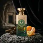 Electimuss Green Amber fragrance bottle with gold cap and green label, placed on a textured surface.