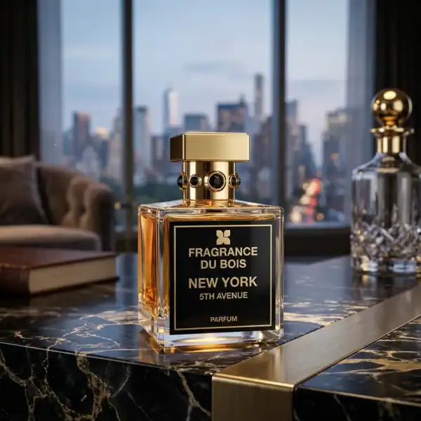 Luxury fragrance bottle with gold accents and black label, city skyline background.
