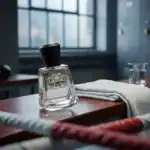 Blue Orchid fragrance bottle with black cap on a wooden surface.