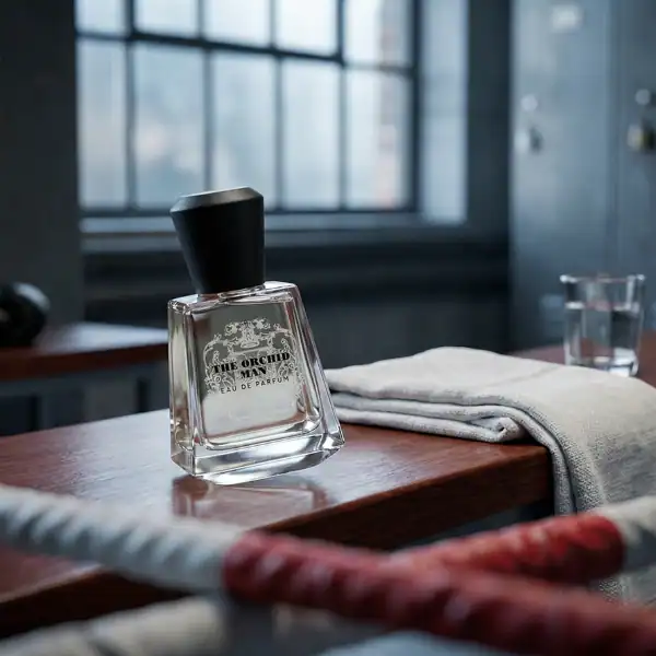 Blue Orchid fragrance bottle with black cap on a wooden surface.