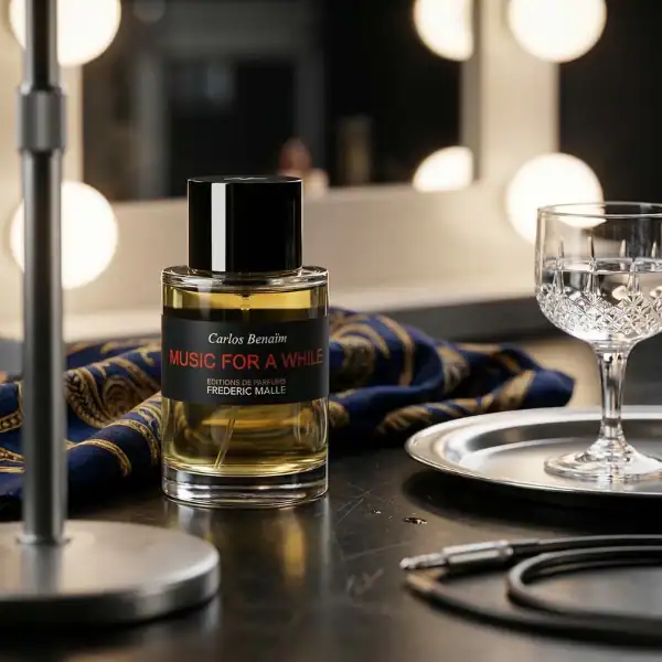 Carlos Benaim Music for a While fragrance bottle with black cap and elegant label.