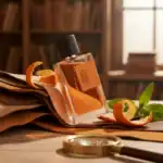 A. Elegant perfume bottle from the brand with a citrus-inspired scent, displayed on a wooden surface.