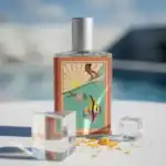 Alwa luxury perfume bottle with colorful aquatic illustration.