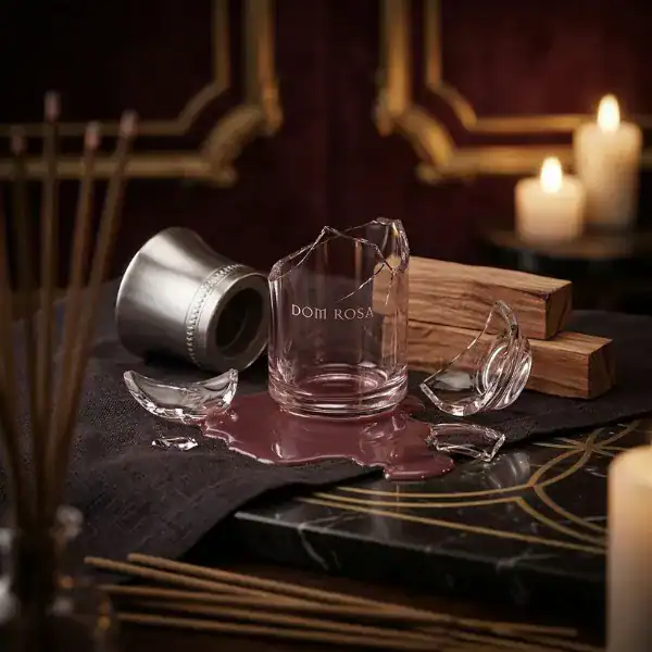 Elegant Dom Rosa perfume bottle with a shattered glass aesthetic, perfect for luxury fragrance enthu.