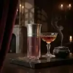 Alwa Dom Rosa fragrance bottle with a steaming glass of perfume on a luxurious dark table.