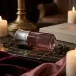 Poem Rosa fragrance bottle with elegant silver cap on a luxurious dark surface.