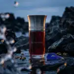 ILE POURPRE fragrance bottle with metallic cap on rocky shoreline.