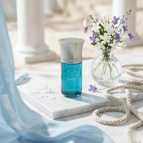 Navis Eau de Parfum bottle with a sleek silver cap and vibrant blue liquid, set on a marble surface.
