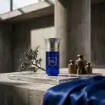 Phan-Tasma Blue fragrance bottle with silver cap, displayed on a concrete surface with decorative br.