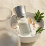 TUMUITU fragrance bottle on a white dish with green leaves and orange peel accents.