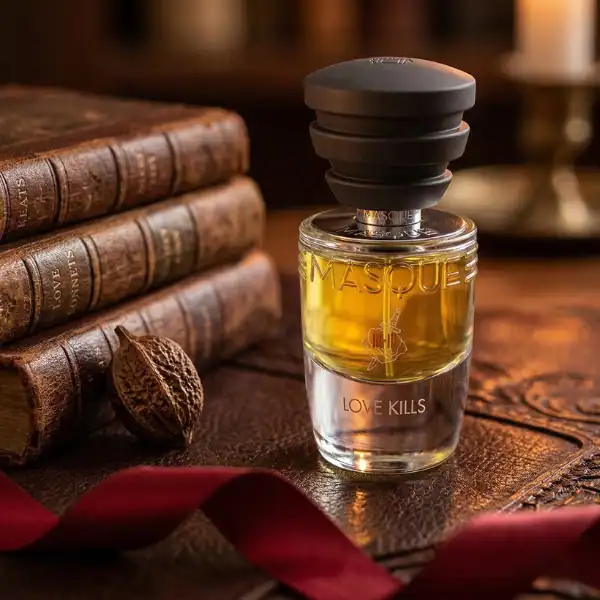 Luxury fragrance by Masque, featuring warm, seductive notes in an elegant bottle.