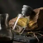 Vasque Love Kills fragrance bottle with gray cap, placed on a rustic wooden surface.