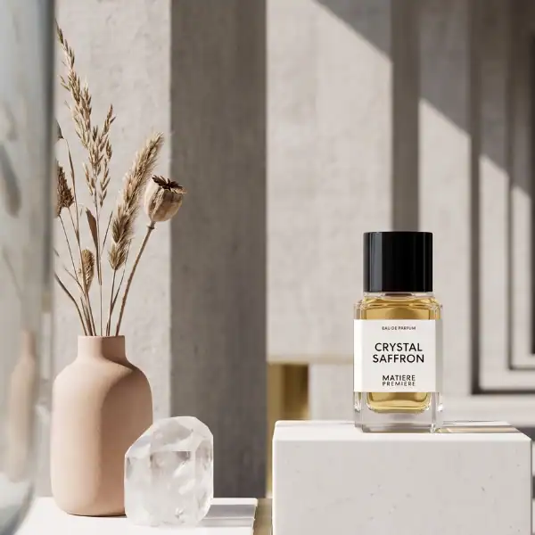 Matiere Premiere Crystal Saffron Eau de Parfum bottle with black cap and clear glass, minimalist and.