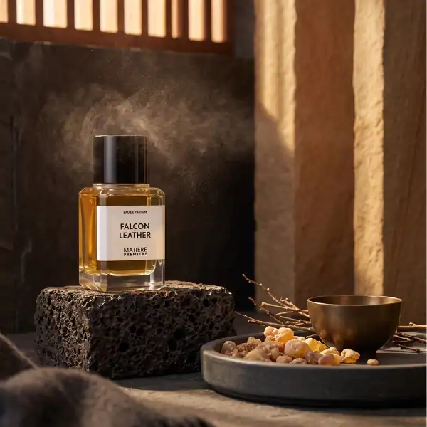 Matiere Premiere Falcon Leather Eau de Parfum - Fragrance bottle with black cap and minimalist label.