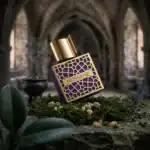 Nishane luxury fragrance bottle with intricate purple and gold design.