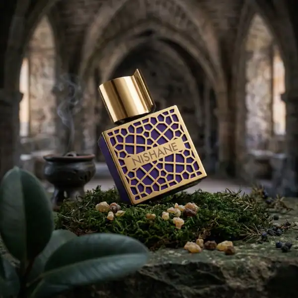 Nishane luxury fragrance bottle with intricate purple and gold design.