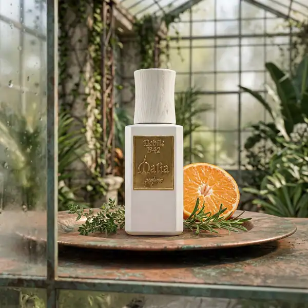 Nobile 1942 Dalia fragrance bottle with orange slice and herbs.