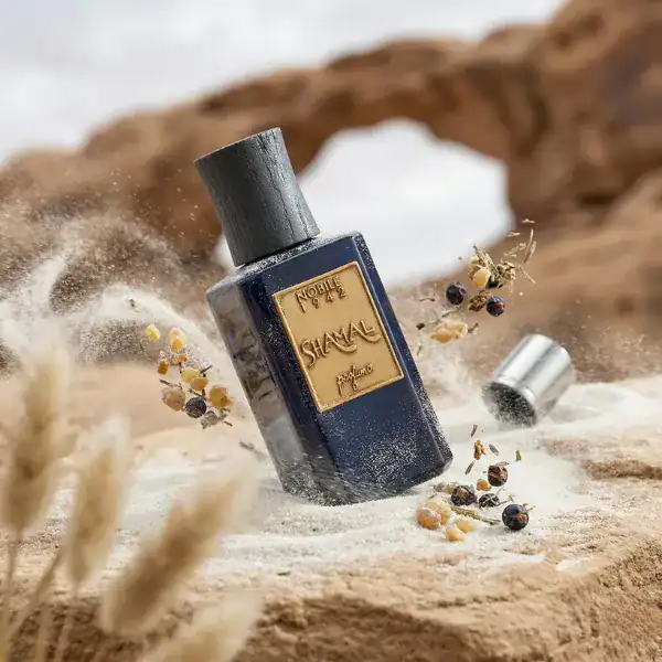 Niche Noir fragrance bottle with dried herbs and berries, on sandy surface.