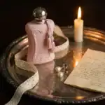 Elegant pink perfume bottle with tassel on ornate silver tray, candle, lace ribbon, and handwritten letter, luxury beauty setup.