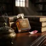 Papillon Anubis Eau de Parfum bottle with vintage books and a flower petal, evoking elegance and mys.
