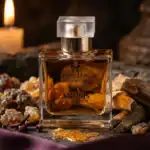 Papillon Anubis fragrance bottle with a silver cap, surrounded by natural elements.