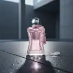 Fougere Rose perfume bottle with pink tassel accessory.