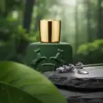 Furla fragrance bottle with embossed horse design and gold cap.